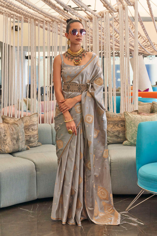 Steel Grey Pure Satin Silk Zari Woven Saree