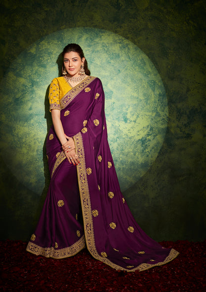 Noir Purple Soft Banarasi Designer Saree with Yellow Embroidered Butties