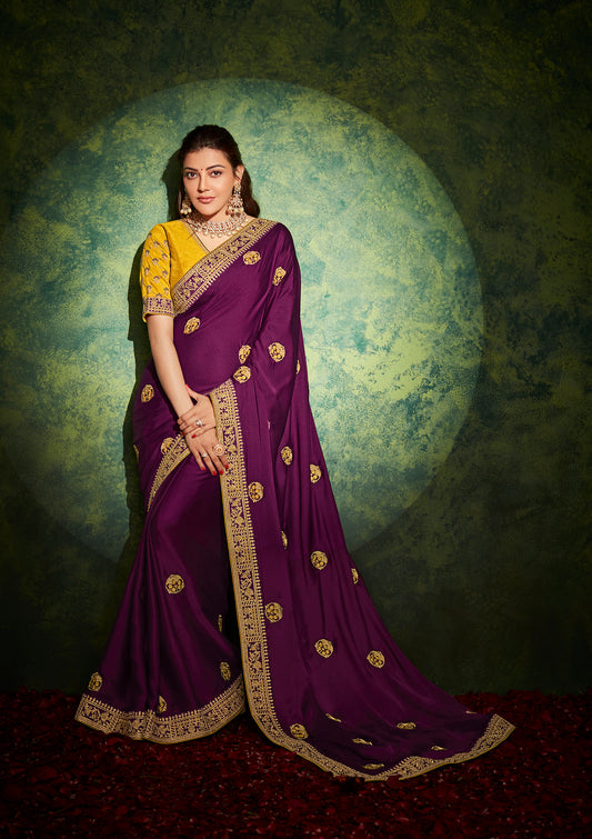 Noir Purple Soft Banarasi Designer Saree with Yellow Embroidered Butties