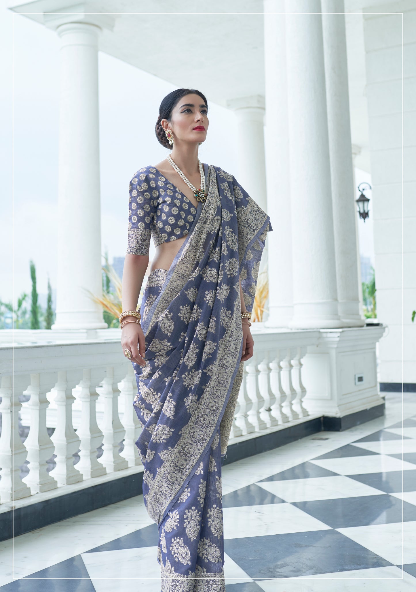 Porpoise Grey Woven Chikankari Saree with Intricate Design