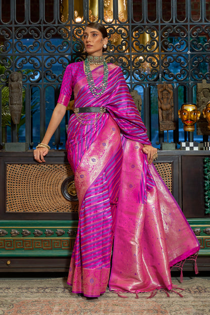 Pink and Purple Laheriya Stripes Banarasi Silk Saree with Designer Blouse for Women