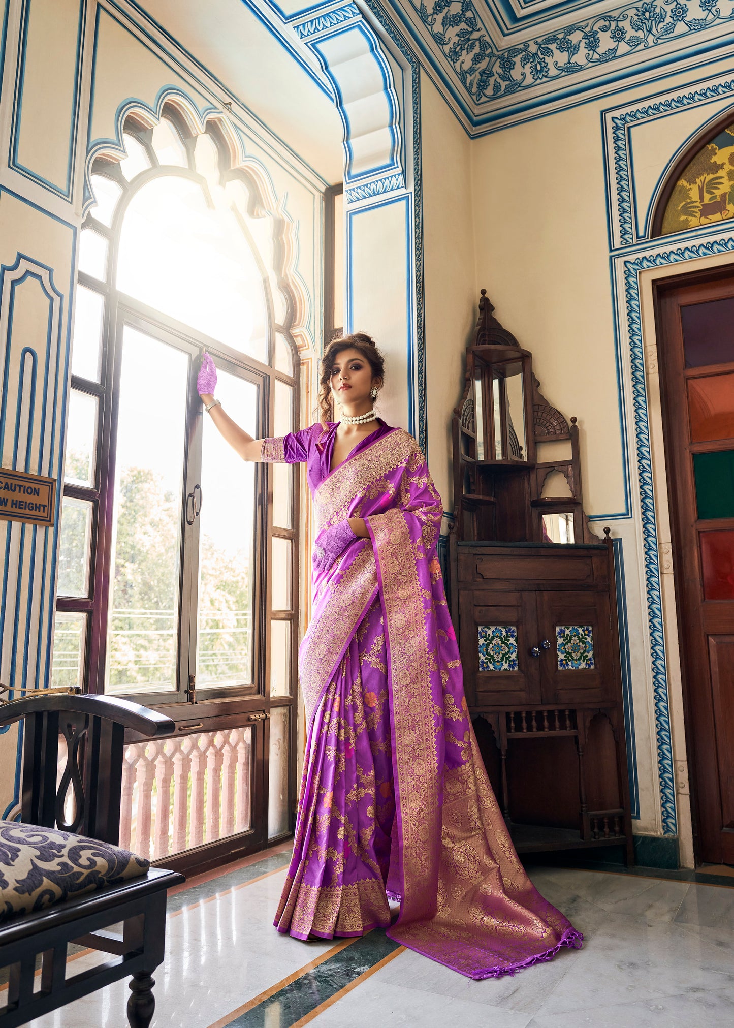 Purplish Pink Banarasi Jungla Jaal Meenakari Weaving Saree for Weddings