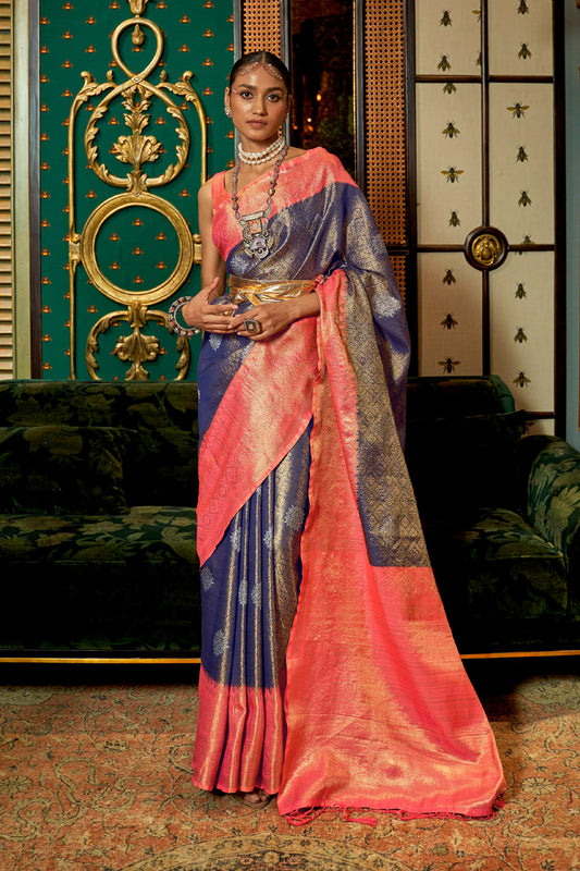 Cloud Blue Shimmer Silk Kanjivaram Style Saree with Pink Border