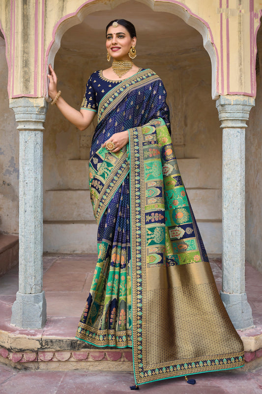 Dark Blue  Dola Silk Big Bordered Designer Saree with Embroidered Blouse