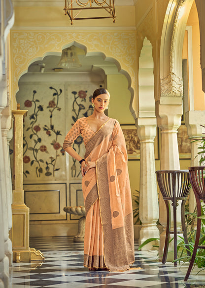 Pastel Orange Woven Linen Silk Saree