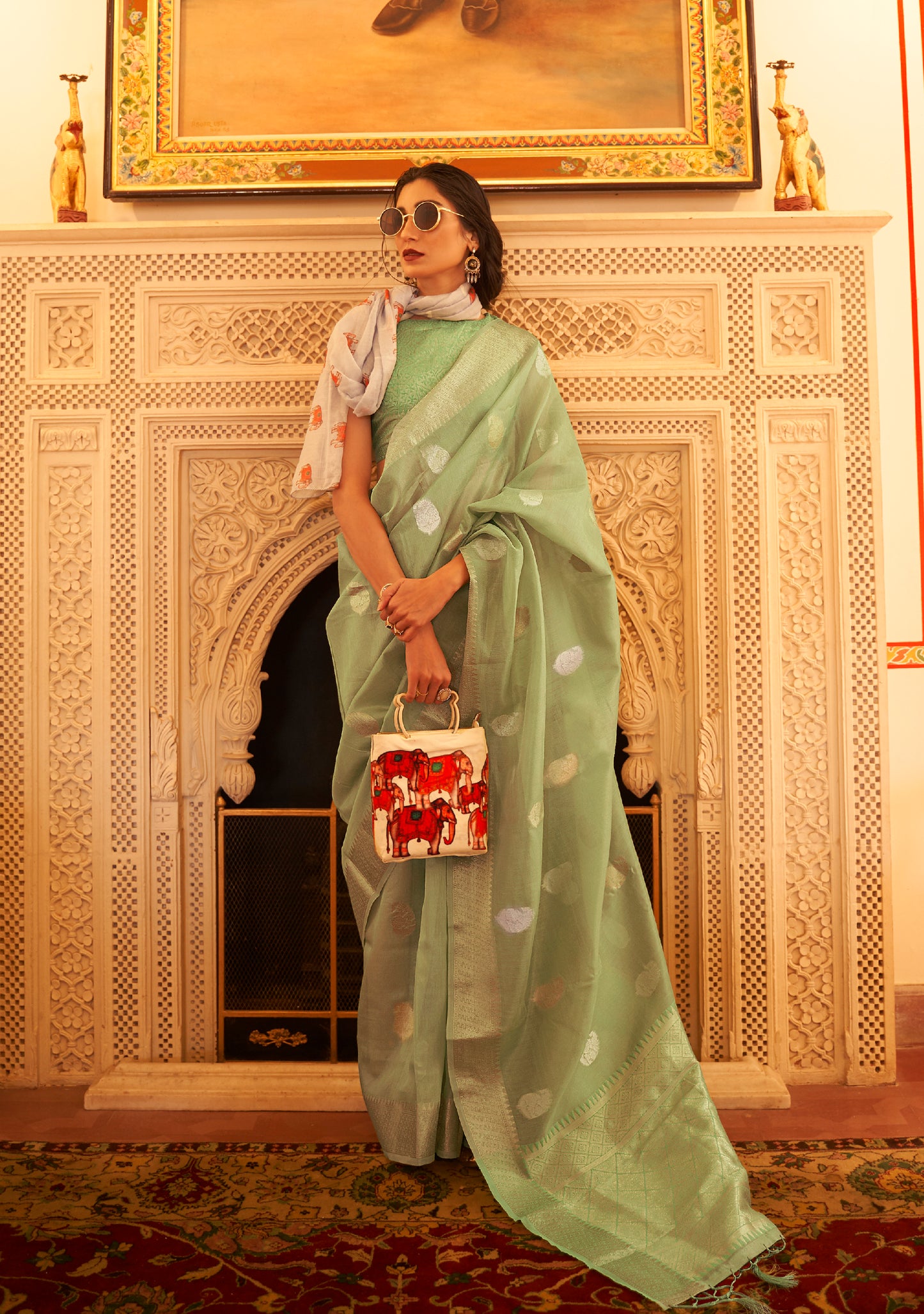 Mint Green Woven Designer Tissue Saree with Kaduwa Border