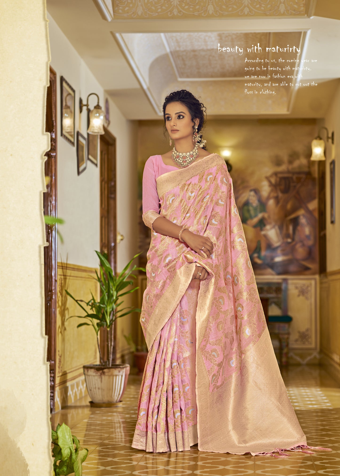 Powder Pink Banarasi Jungla Jaal Zari Woven Saree for Weddings