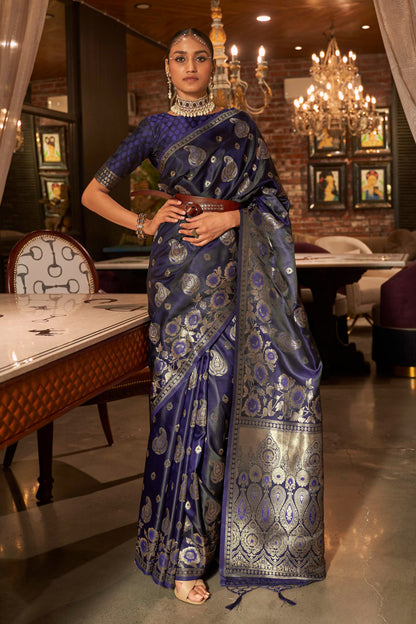 Dark Blue Kanjivaram Style Zari Woven Soft Silk Saree