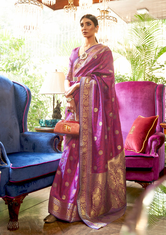 Boysenberry Purple Soft Banarasi Silk Saree with Golden Zari Weaving