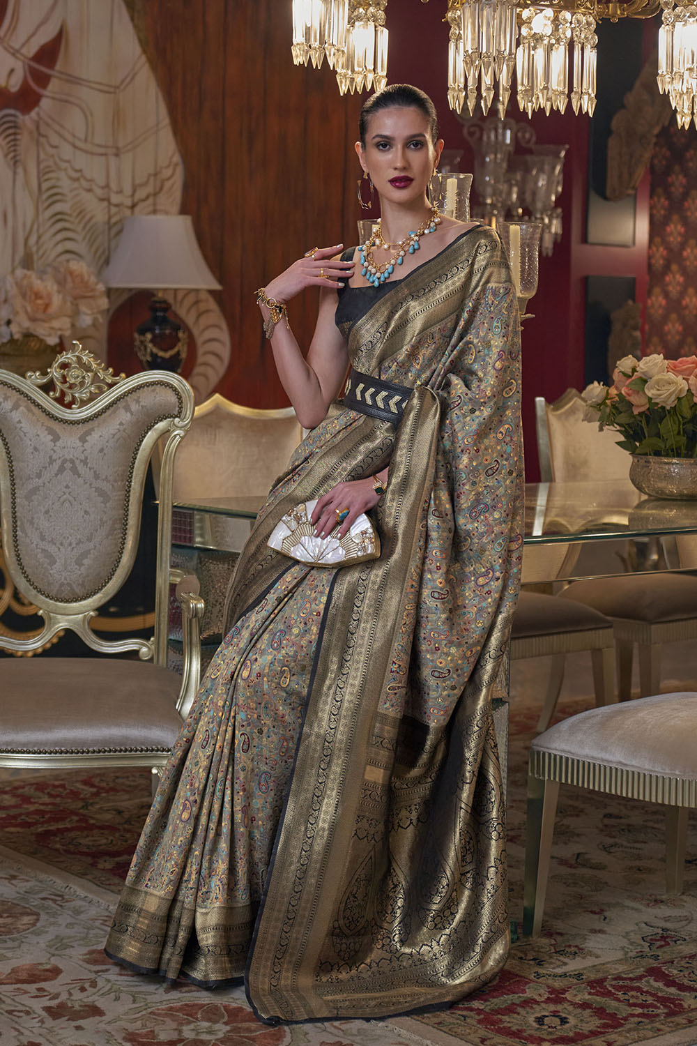 Grey with Black Pashmina Inspired Kani Silk Saree for Woman