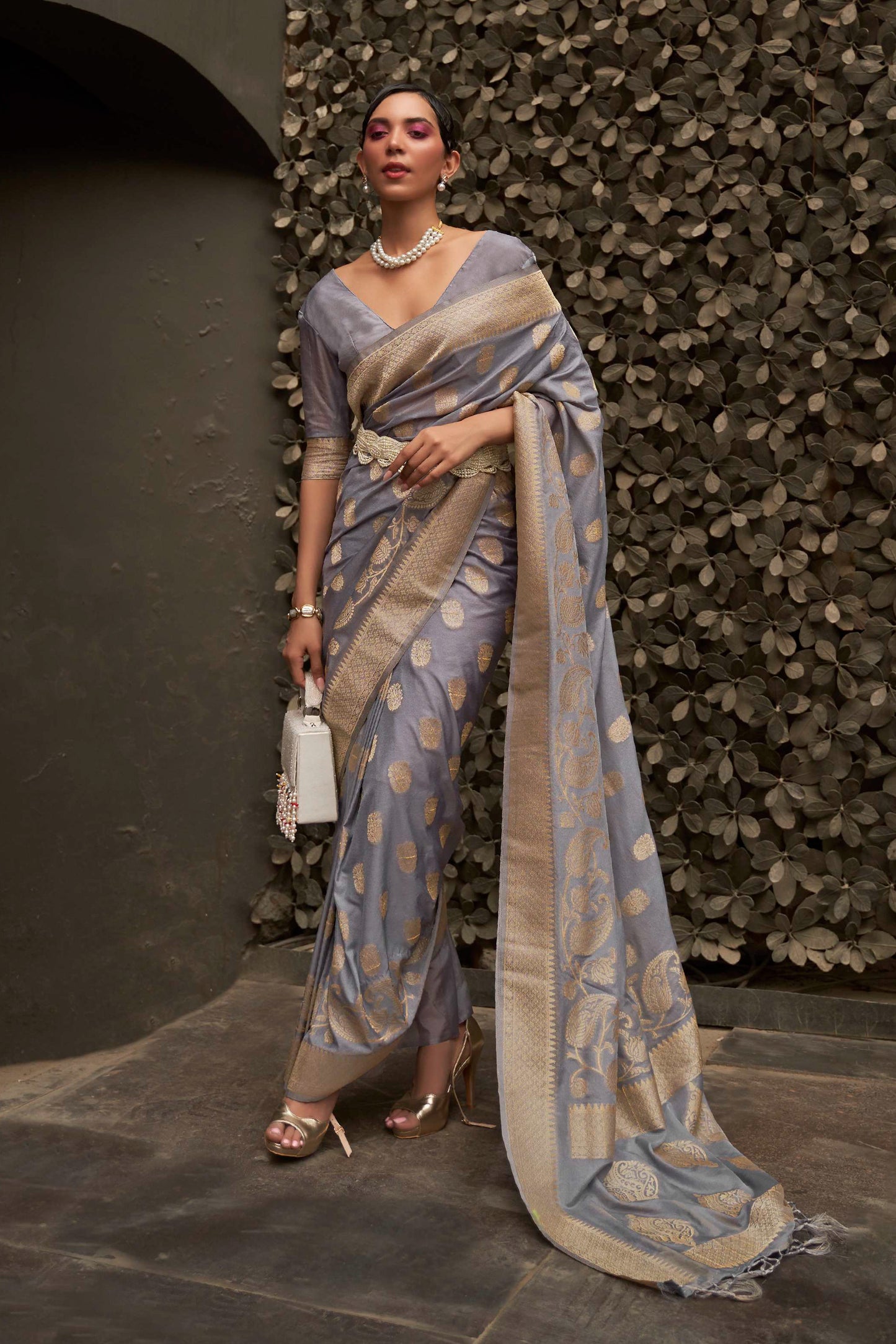 Shadow Grey Banarasi Zari Woven Saree with Grand Pallu