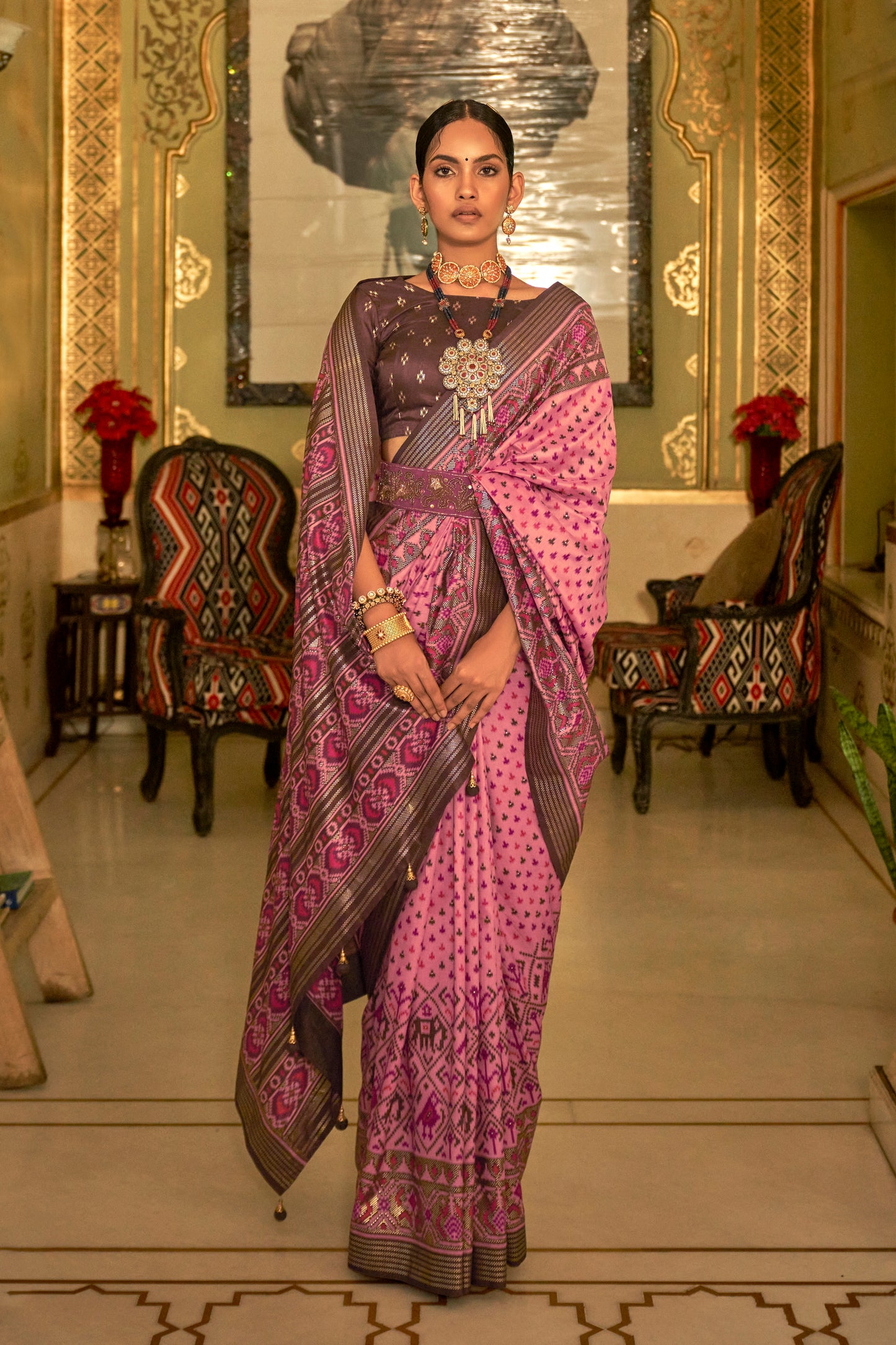 Pink with Brown Ikat Design Patola Saree with Patola Border and Blouse