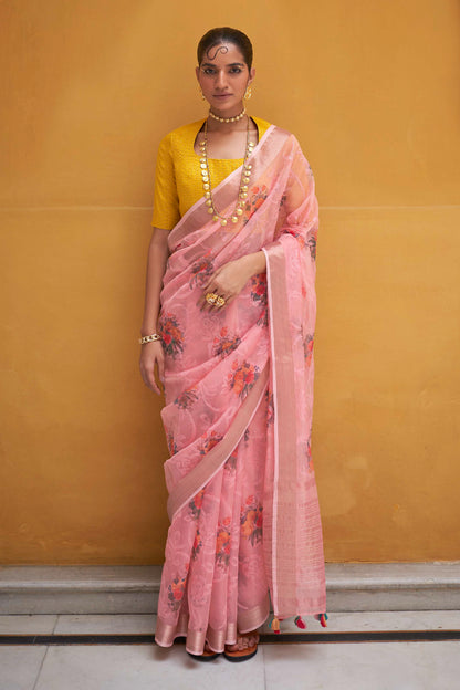 Light Pink Floral Organza Water Sequin Embellished Saree