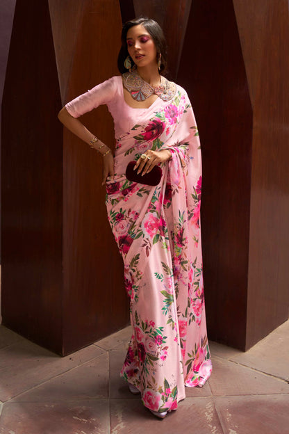 Peach Pink Floral 3D Printed Pure Satin Silk Saree for Weddings