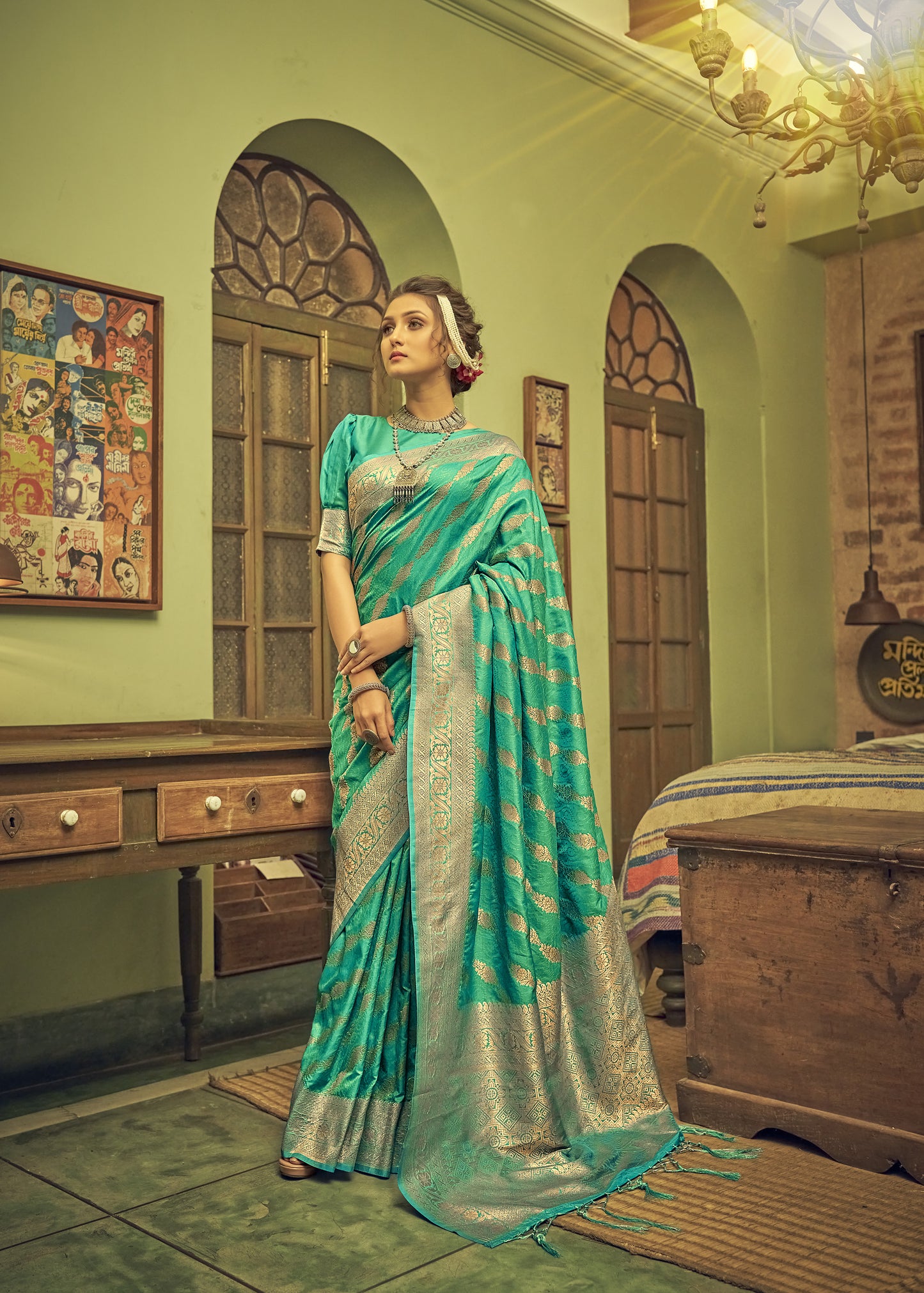Sea Green Soft Banarasi Saree with Lehariya Style Zari Weaving