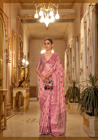 Bubble Pink Soft Tussar Silk Saree with Copper Zari Butti