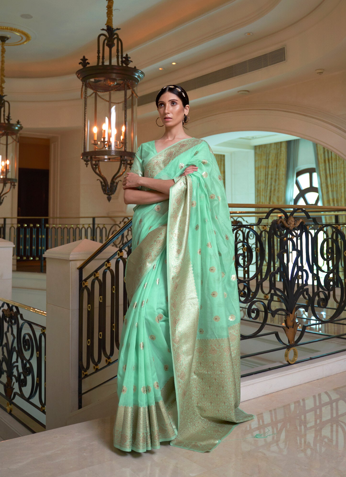 Pastel Mint Woven Banarasi Organza Saree with Zari Pallu