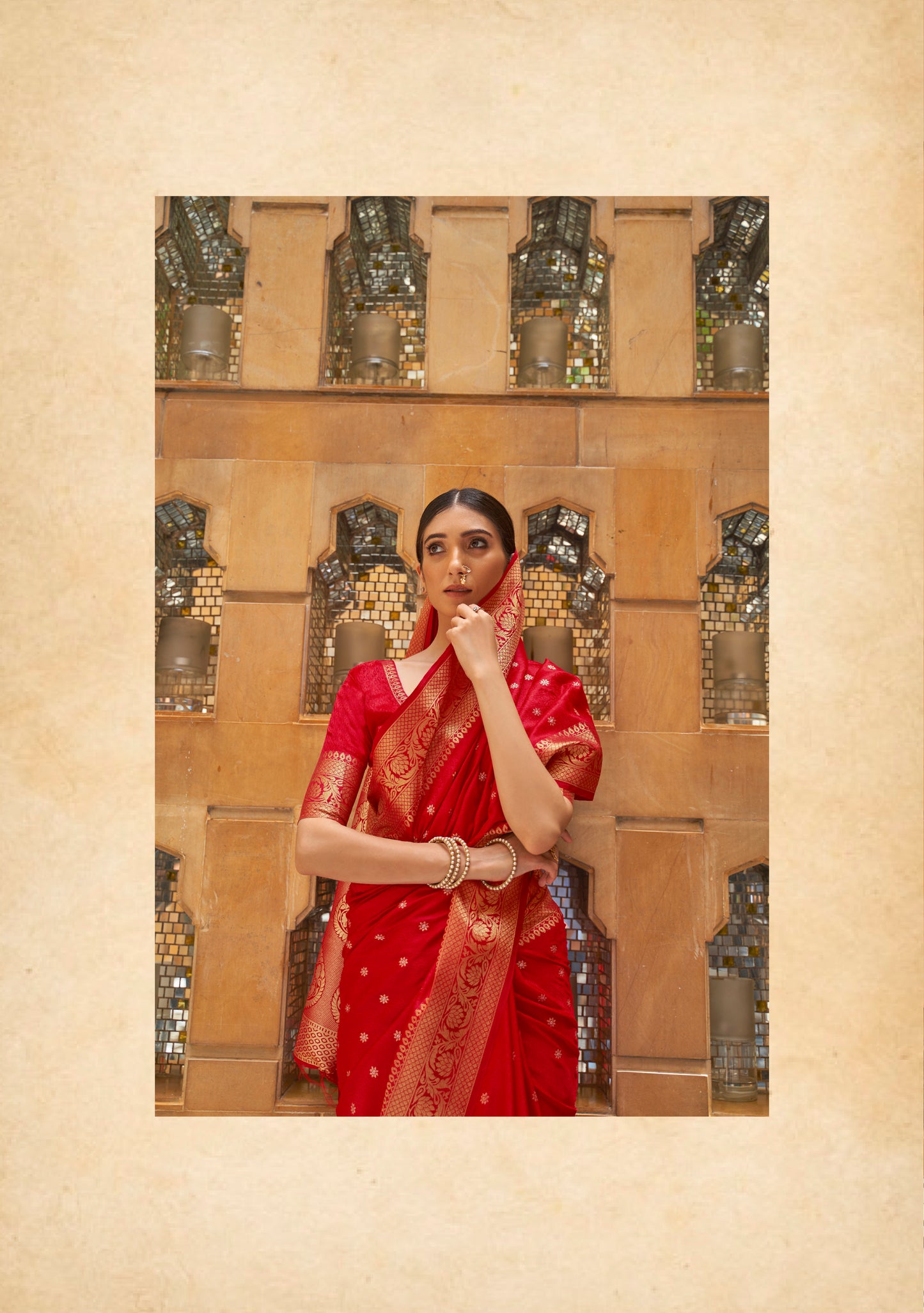 Chilli Red Soft Banarasi Silk Saree with Golden Zari Woven Border