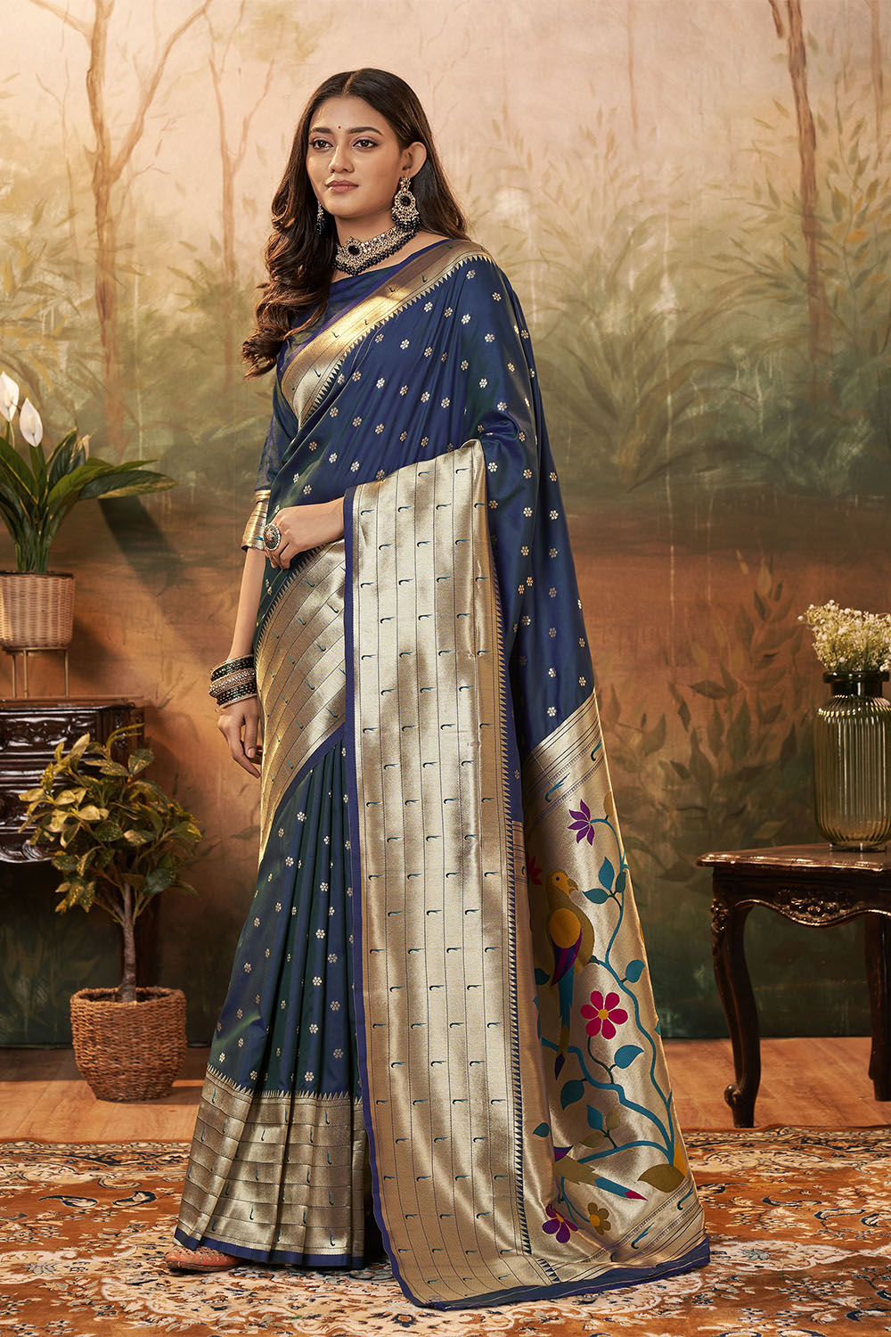 Space Blue Banarasi Paithani Saree with Parrot Pallu and Broad Zari Border