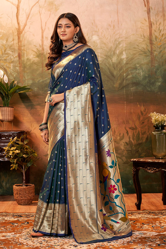 Space Blue Banarasi Paithani Saree with Parrot Pallu and Broad Zari Border