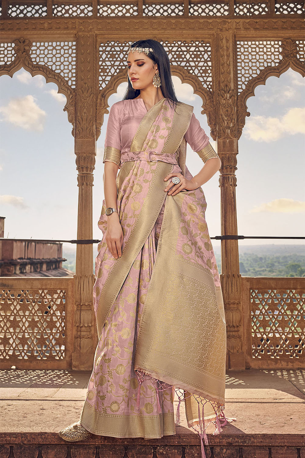 Rose Gold Woven Banarasi Skirt Border Saree with Zari Weaving