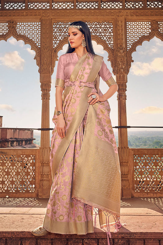 Rose Gold Woven Banarasi Skirt Border Saree with Zari Weaving