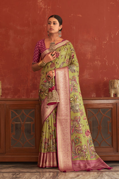 Lime Green Pen Kalamkari Printed Silk Saree with Woven Kanchi Pallu