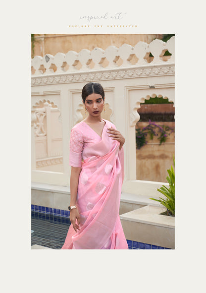 Lemonade Pink Woven Linen Silk Saree Blouse with Banarasi Butti