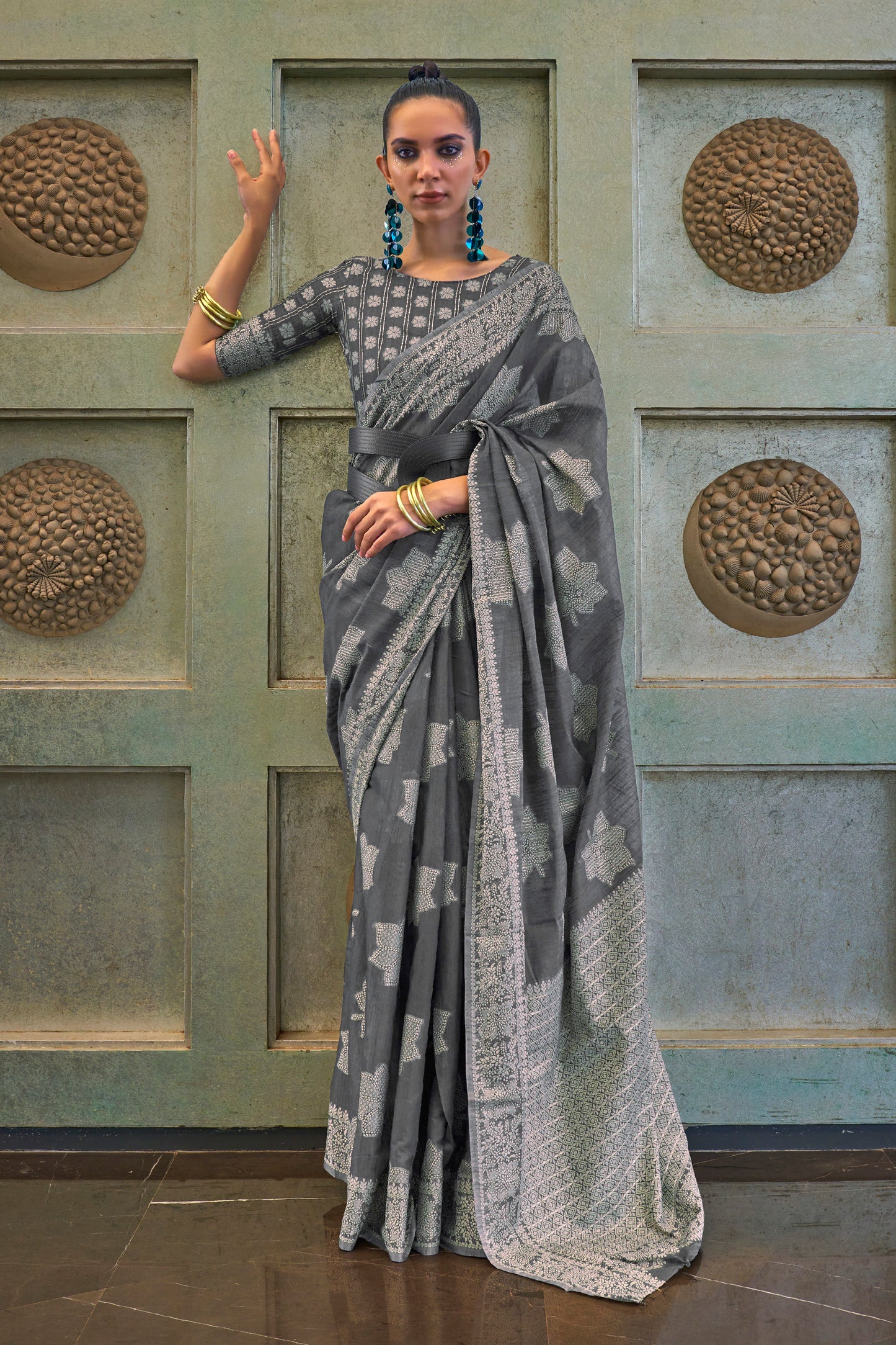 ASH Grey Lucknowi Chikenkari Threadwork Saree with Beautiful Blouse