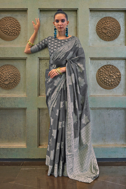 ASH Grey Lucknowi Chikenkari Threadwork Saree with Beautiful Blouse