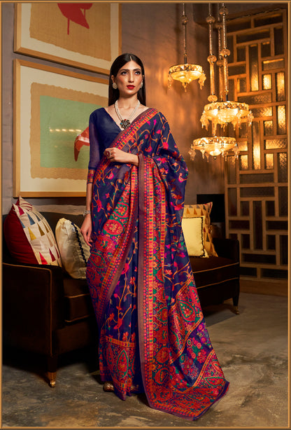 Space Blue Multi Colored Kashmiri Silk Saree for Wedding Reception & Festivals