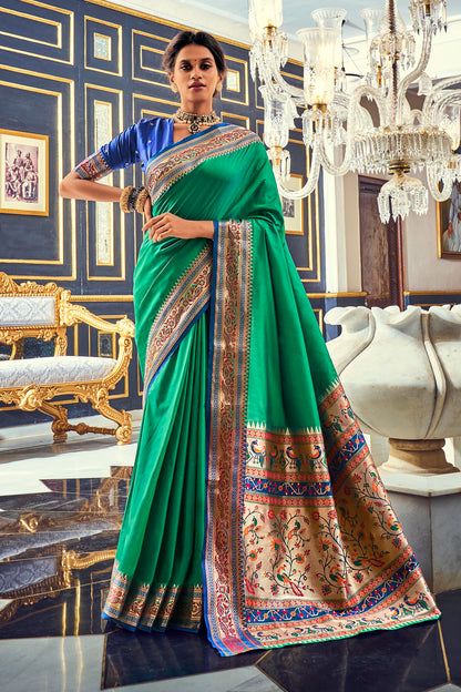 Fern Green Paithani Woven Pallu and Border Saree with Contrast Blouse