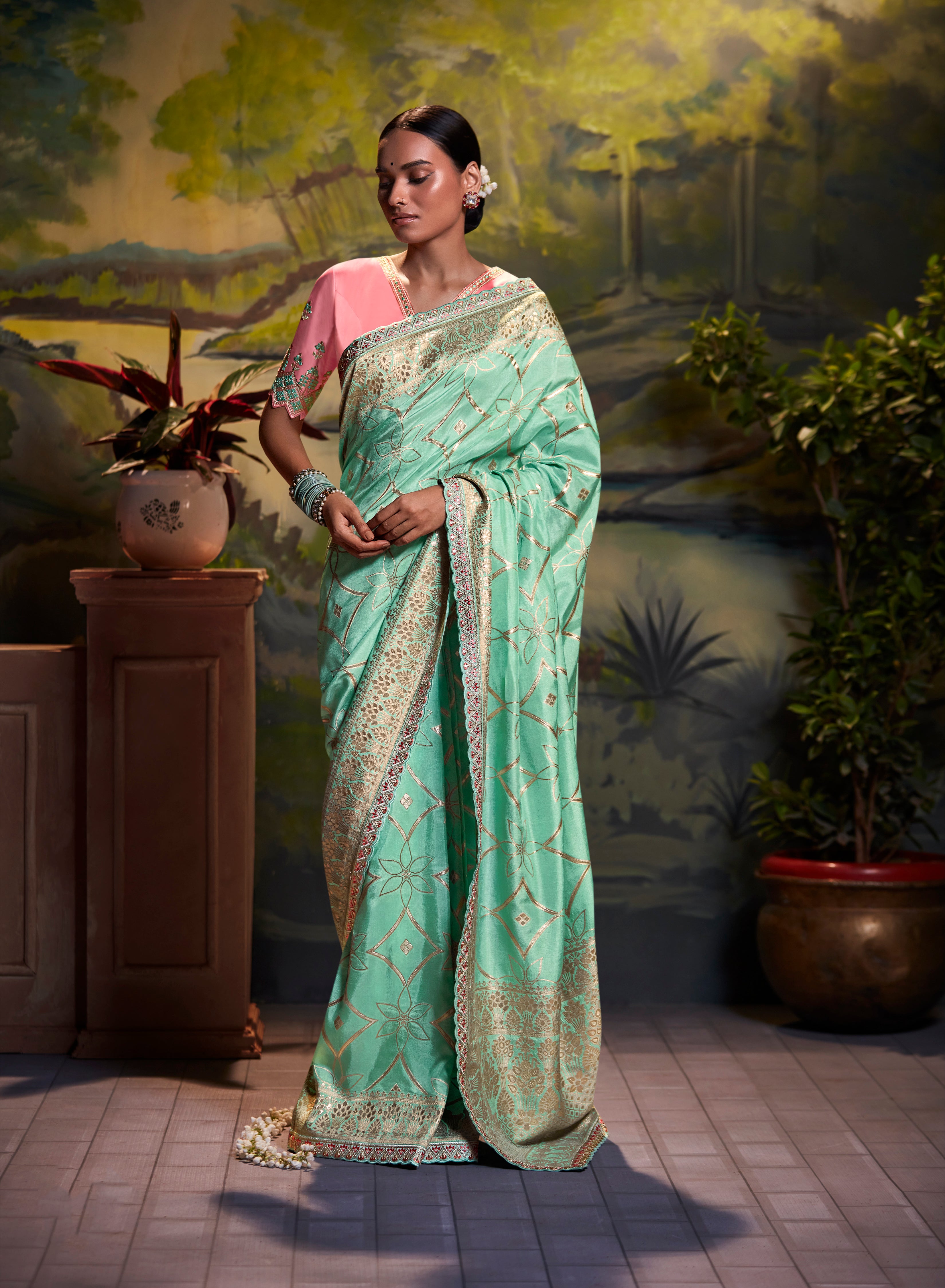 Turmeric Green and Pink Banarasi Saree with Kachhi,Mirror and Diamond –  MySilkLove