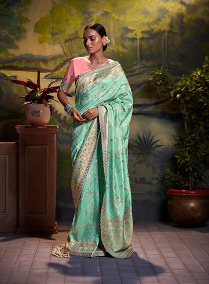 Sage Green Woven Banarasi Silk Saree with Pastel Pink Blouse