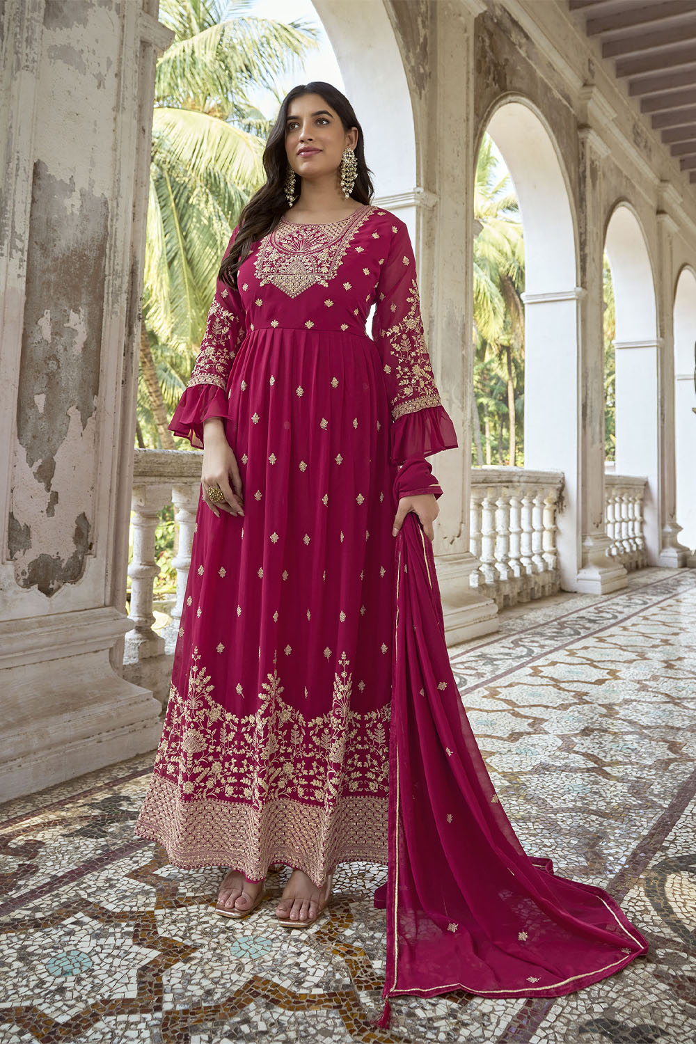 Rooh Red Embroidered Partywear Gown Suit with Dupatta