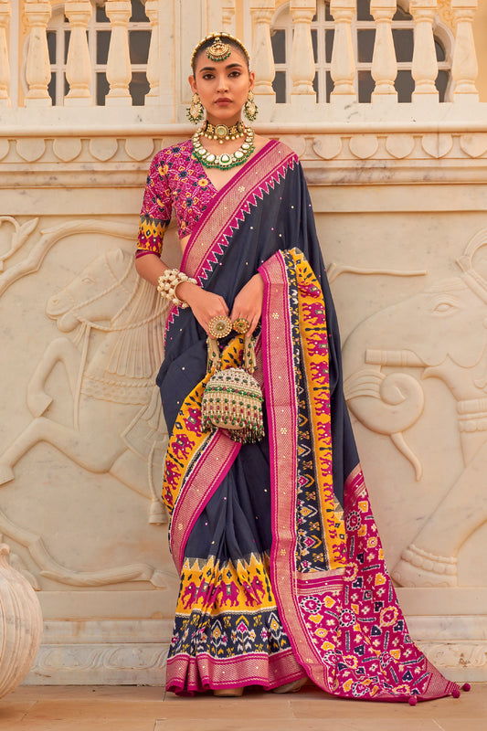 Navy Blue & Yellow Patola Inspired Designer Embellished Bordered Saree