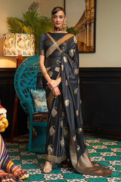 Obsidian Black Pure Satin Two Tone Weaving Silk Saree For Wedding