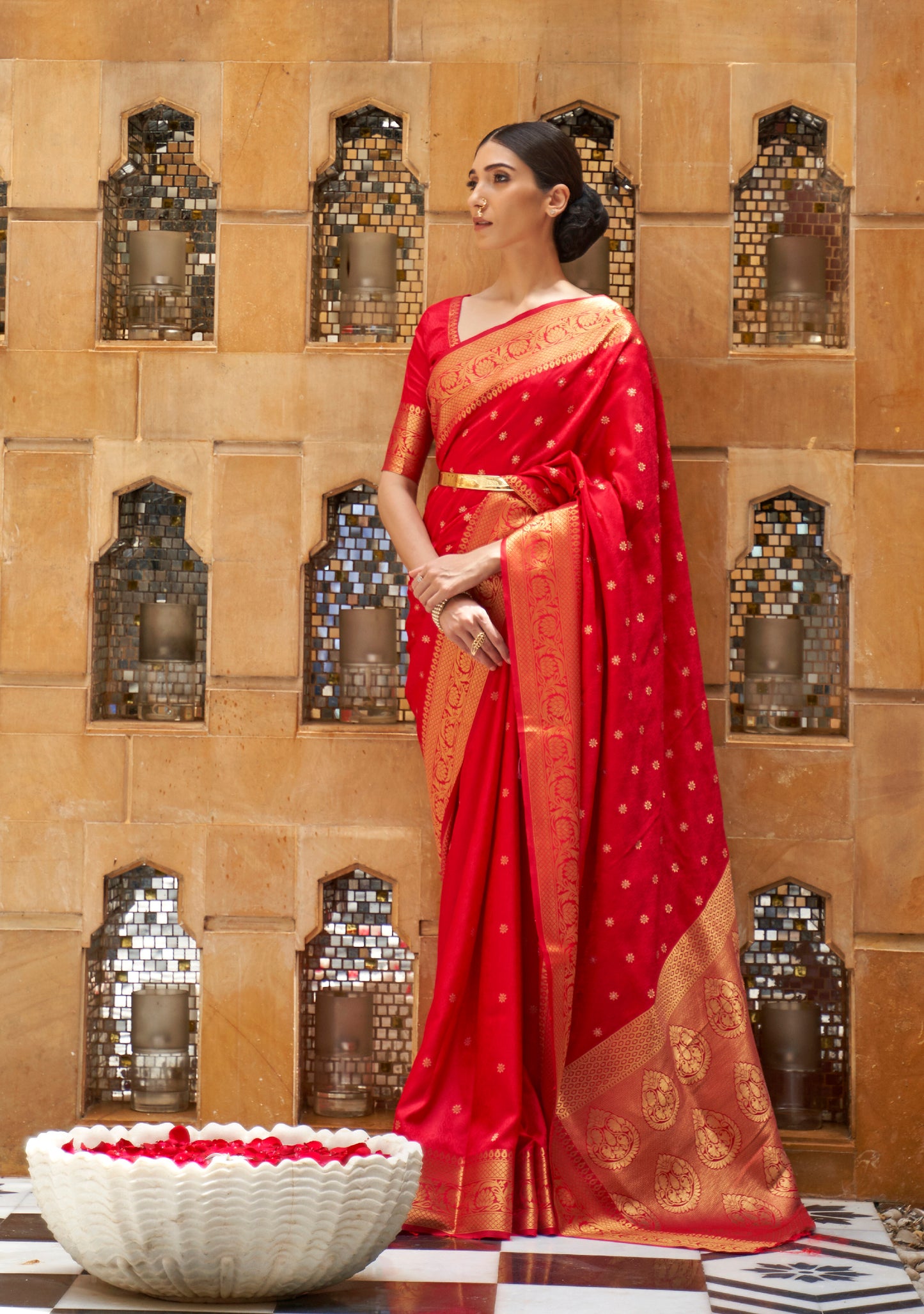 Chilli Red Soft Banarasi Silk Saree with Golden Zari Woven Border