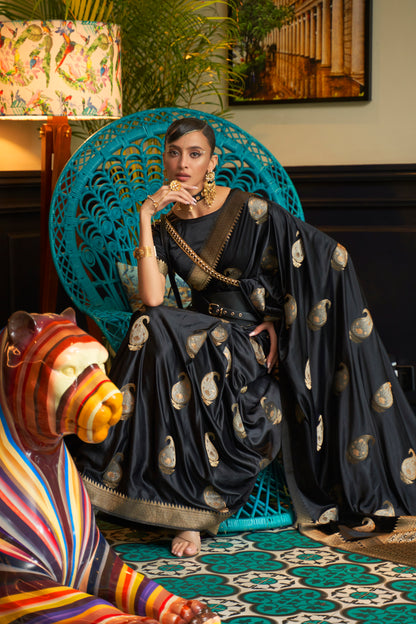 Obsidian Black Pure Satin Two Tone Weaving Silk Saree For Wedding