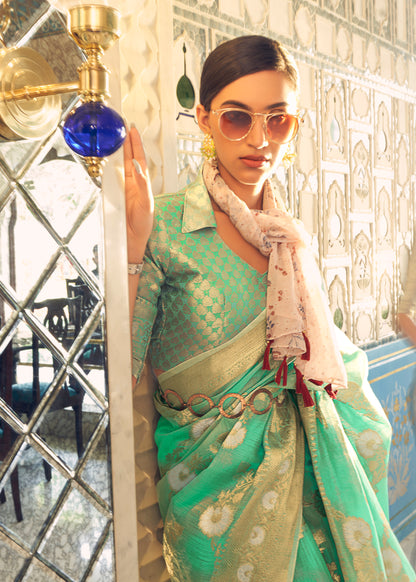 Teal Green Banarasi Woven Jaal Designer Silk Saree