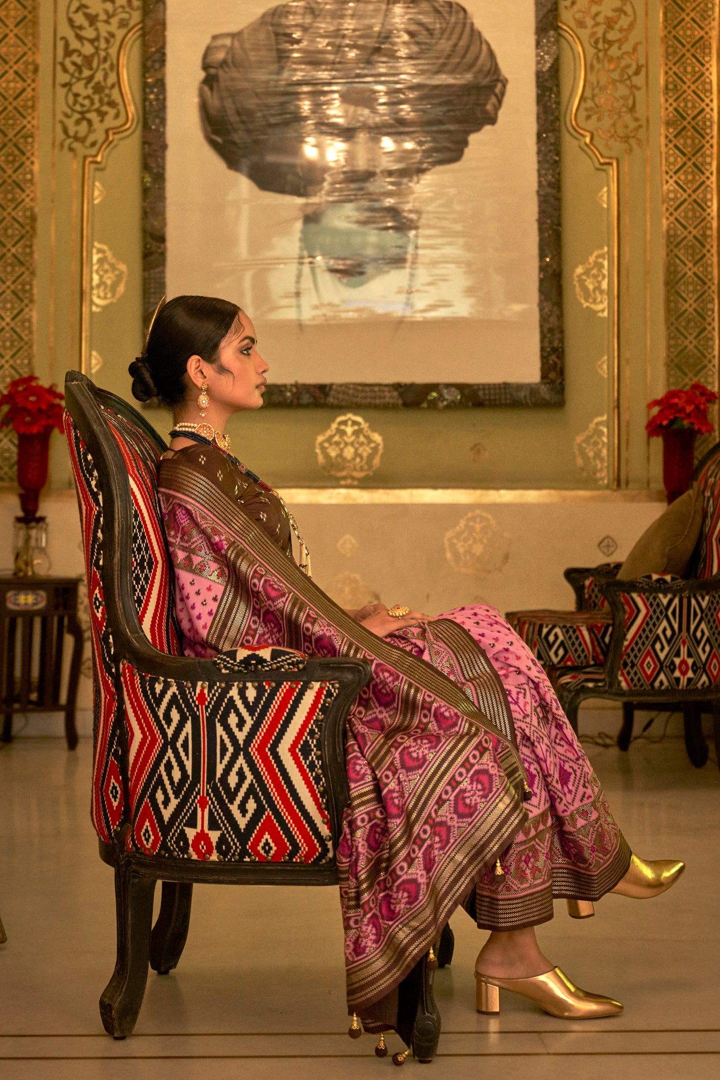 Pink with Brown Ikat Design Patola Saree with Patola Border and Blouse