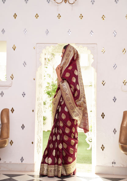 Maroon Red  Stunning Zari Woven Kanjivaram Silk Saree