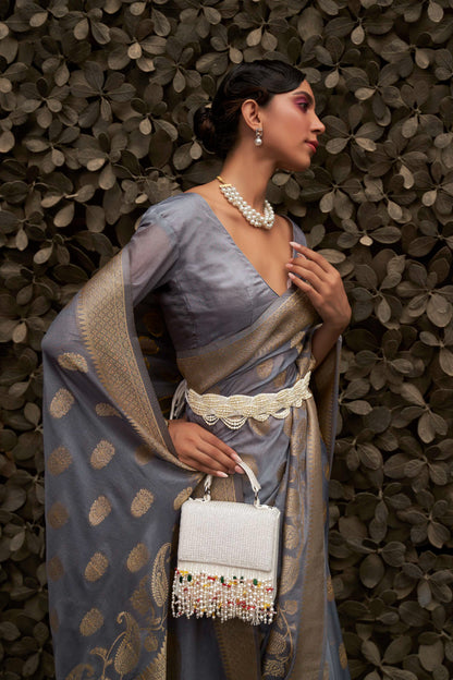 Shadow Grey Banarasi Zari Woven Saree with Grand Pallu