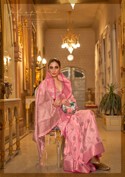 Bubble Pink Soft Tussar Silk Saree with Copper Zari Butti