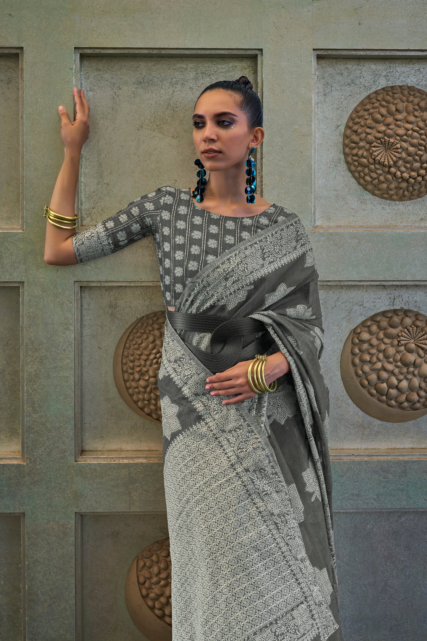 ASH Grey Lucknowi Chikenkari Threadwork Saree with Beautiful Blouse