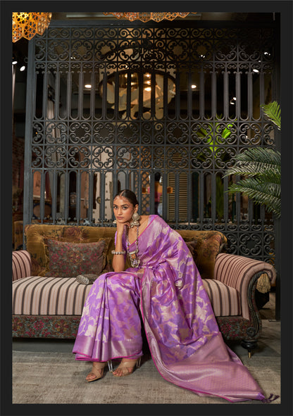 Dark Lavender Banarasi Woven Jungla Jaal Soft Silk Saree