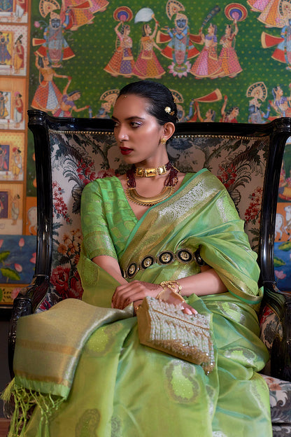 Lime Green  Soft Organza Silk Zari Woven Soft Silk Saree