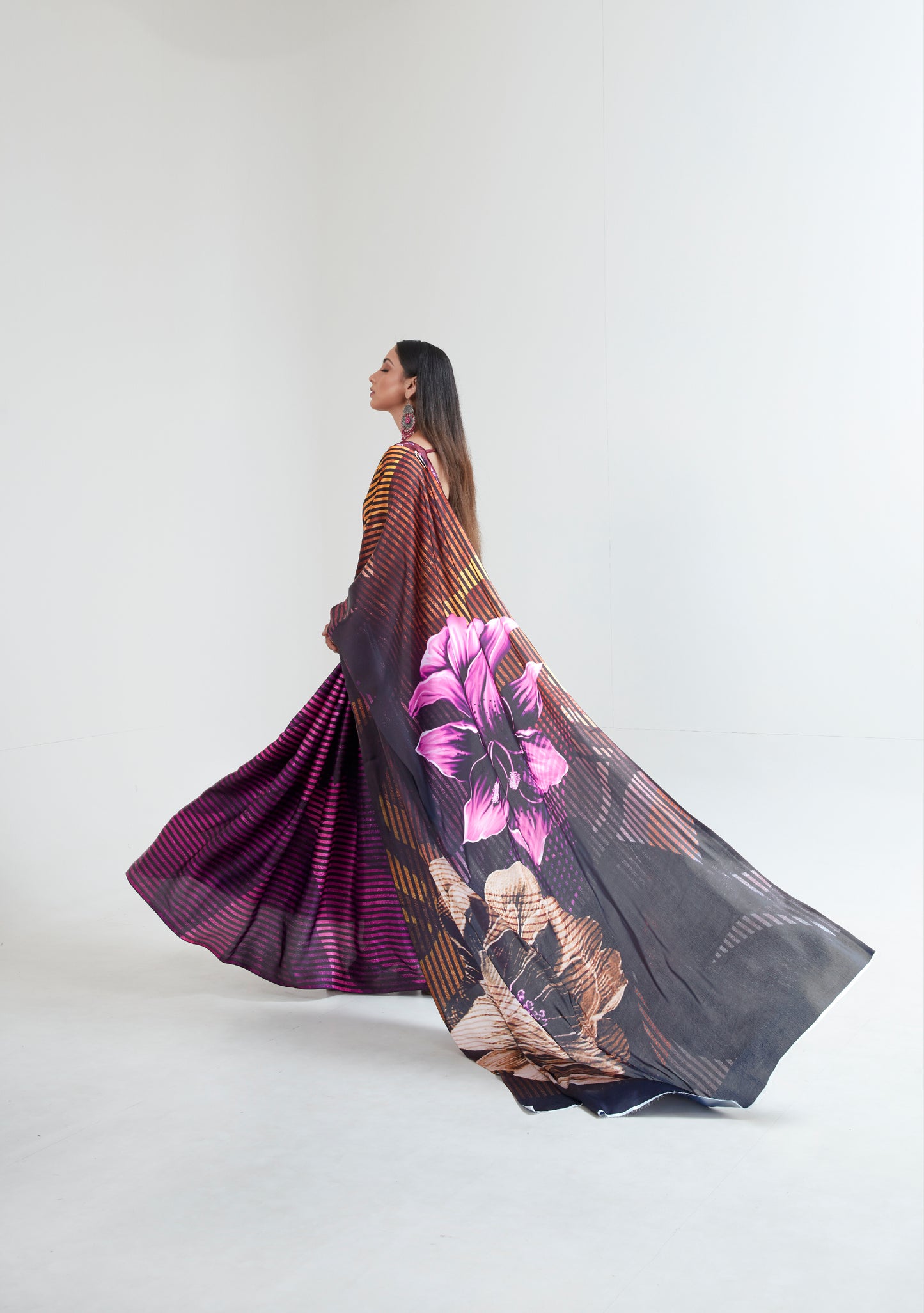 Brown Black Abstract 3D Printed Pure Satin Silk Saree for Weddings