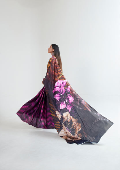 Brown Black Abstract 3D Printed Pure Satin Silk Saree for Weddings