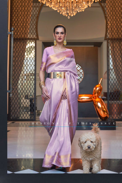 Mauve Pink Kanjivaram Silk Saree with Antique Finish & Glossy Texture